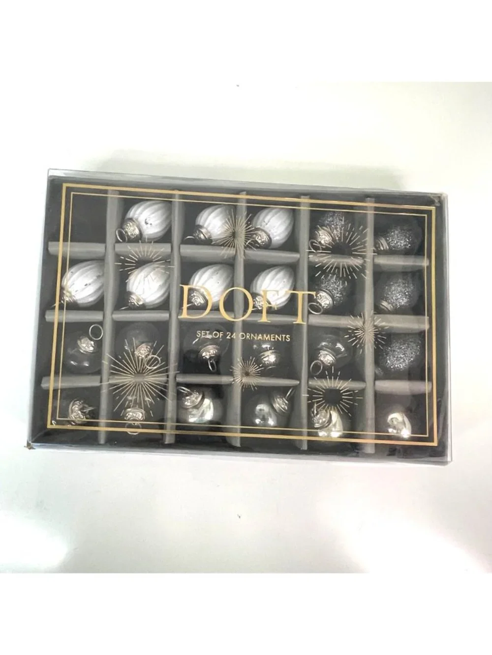 DOFT Mini Mercury Glass Christmas Ornaments Set White Silver Clear w/ Box Lid